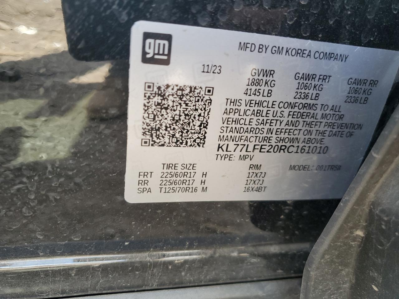 2024 Chevrolet Trax Ls VIN: KL77LFE20RC161010 Lot: 63068415