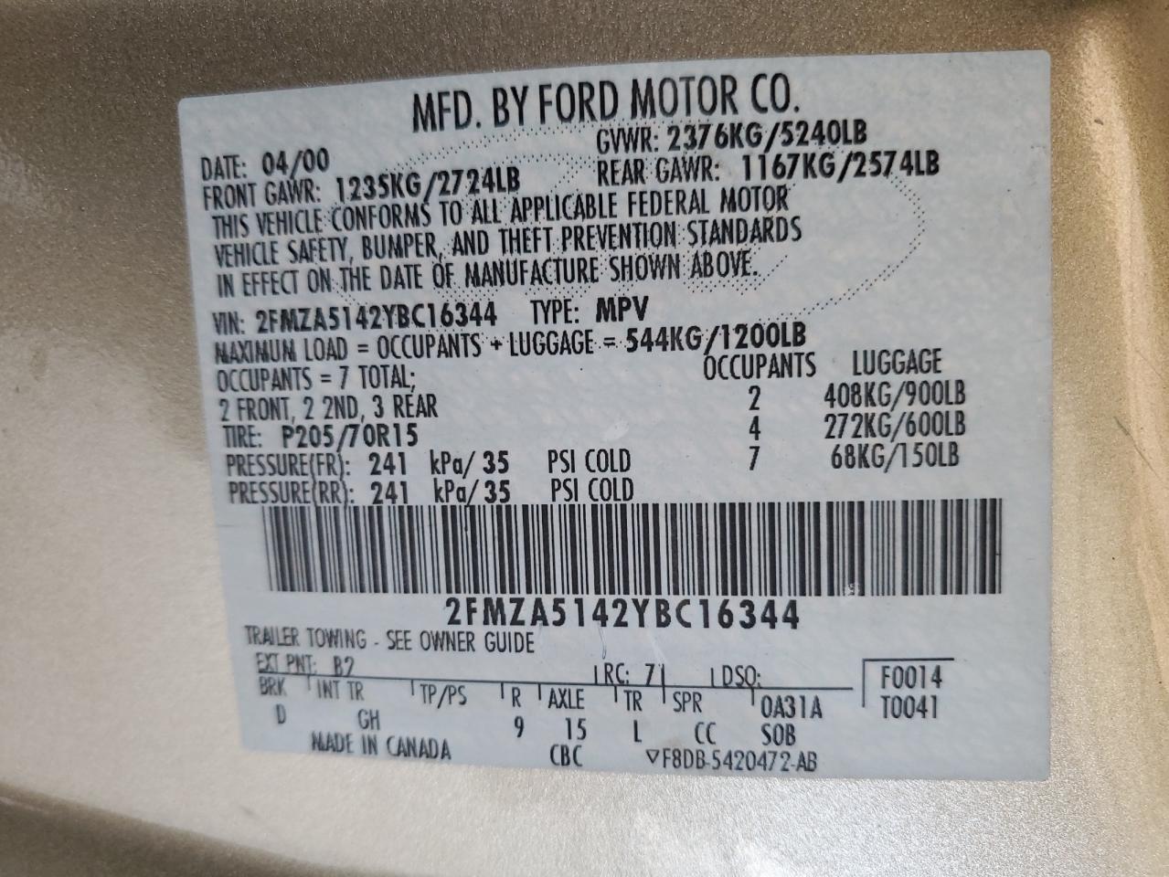 2000 Ford Windstar Lx VIN: 2FMZA5142YBC16344 Lot: 58423195