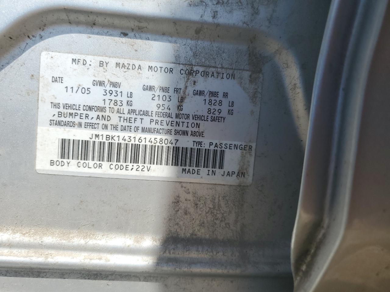 2006 Mazda 3 Hatchback VIN: JM1BK143161458047 Lot: 62411915