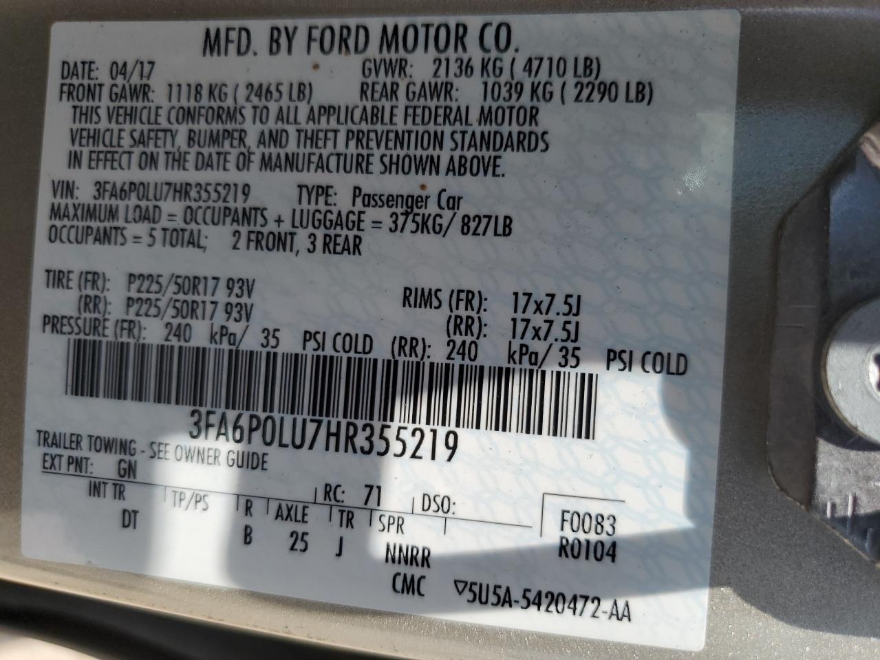 2017 Ford Fusion Se Hybrid VIN: 3FA6P0LU7HR355219 Lot: 62288355