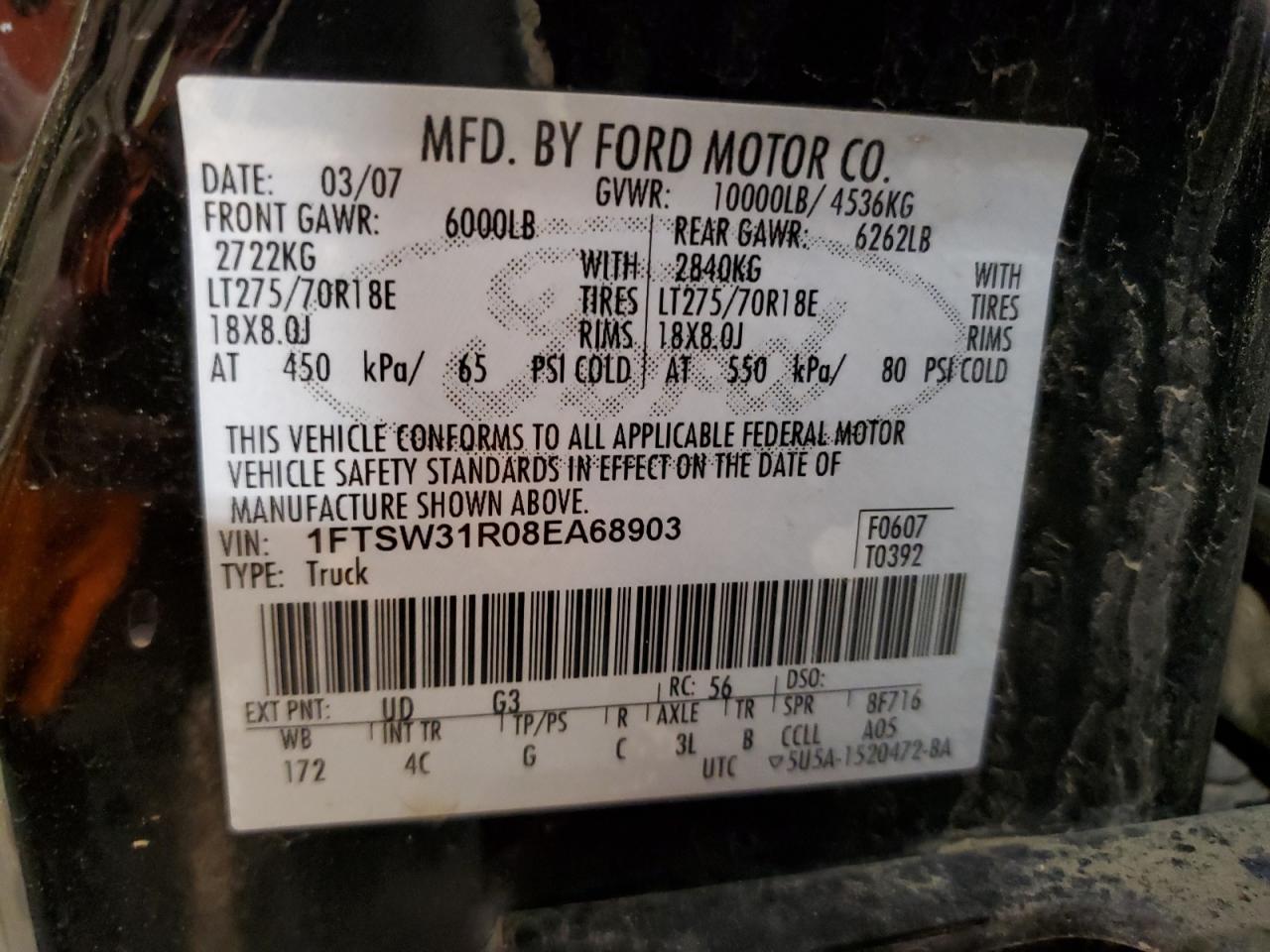 2008 Ford F350 Srw Super Duty VIN: 1FTSW31R08EA68903 Lot: 59904595