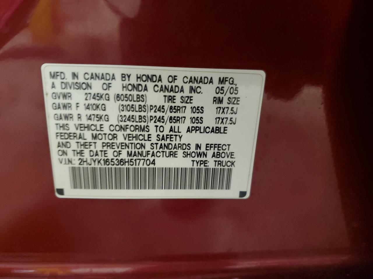 2006 Honda Ridgeline Rtl VIN: 2HJYK16536H517704 Lot: 61438895