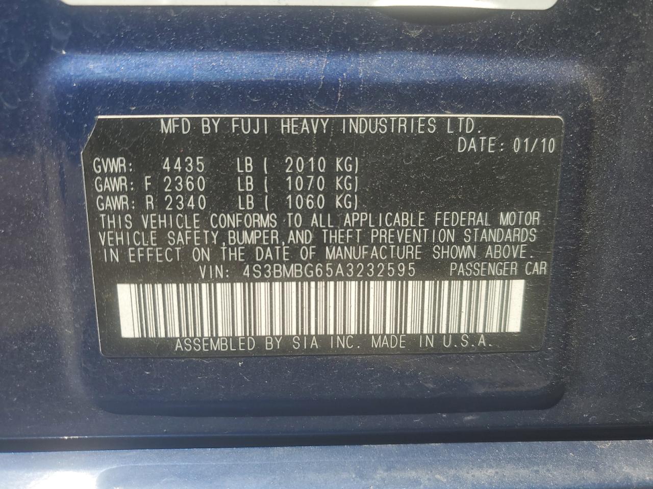 SUBARU LEGACY 2010 VIN 4S3BMBG65A3232595 photo 12