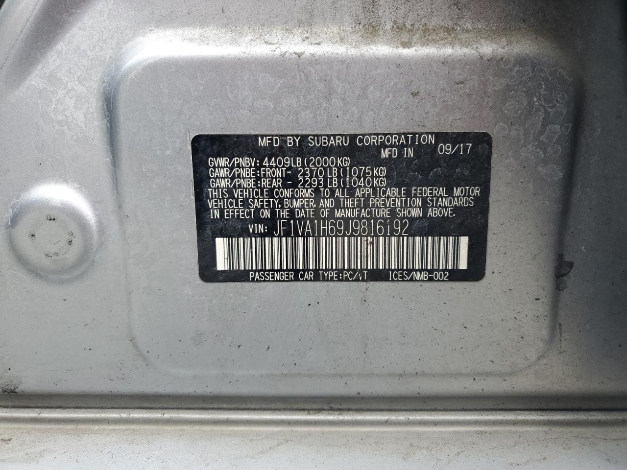 2018 Subaru Wrx Limited VIN: JF1VA1H69J9816192 Lot: 60152855