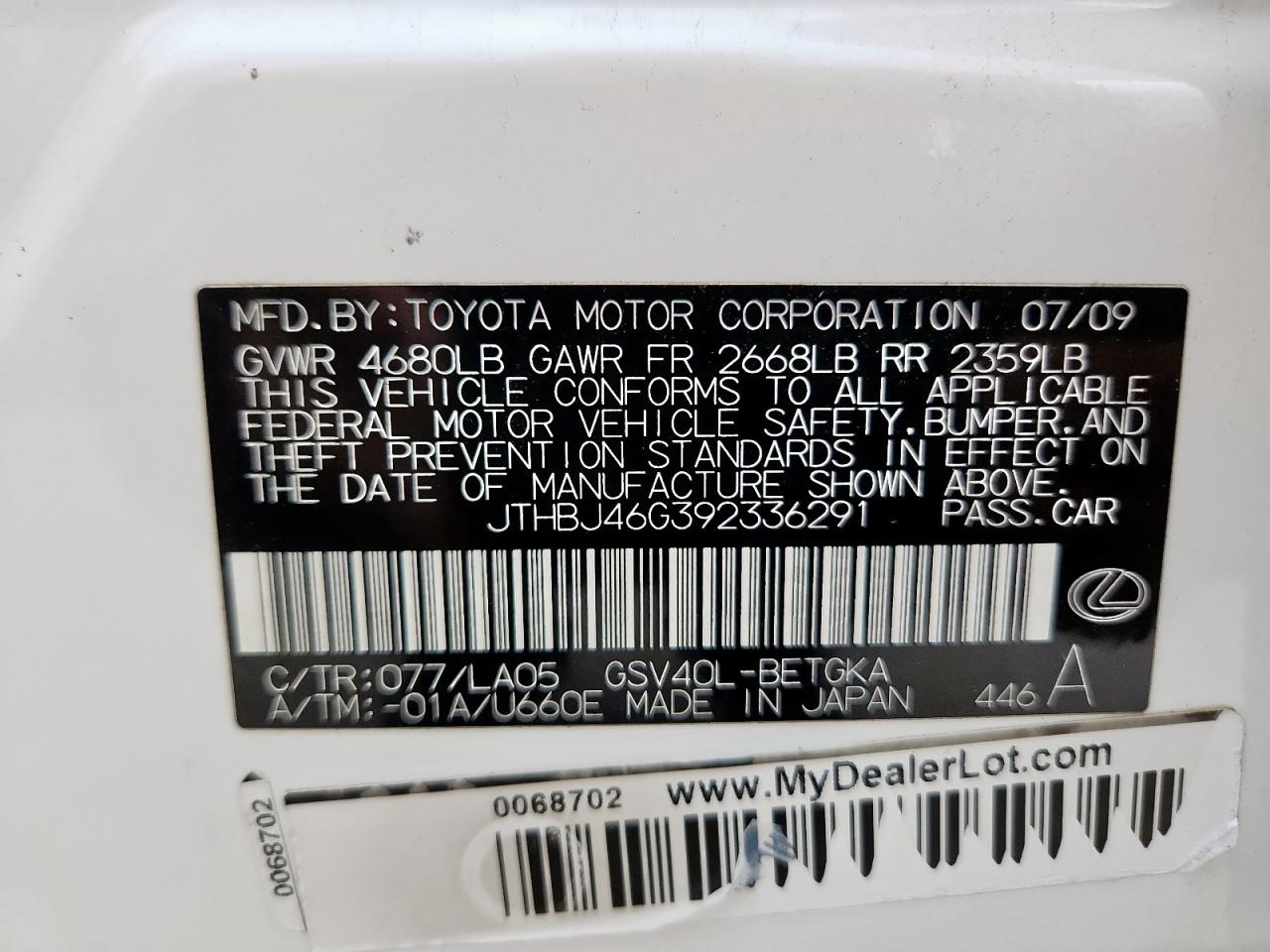 2009 Lexus Es 350 VIN: JTHBJ46G392336291 Lot: 60333335