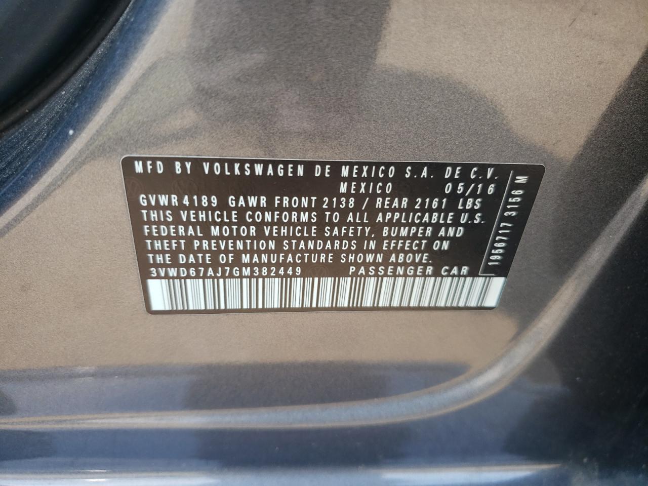 2016 Volkswagen Jetta Se VIN: 3VWD67AJ7GM382449 Lot: 59459765