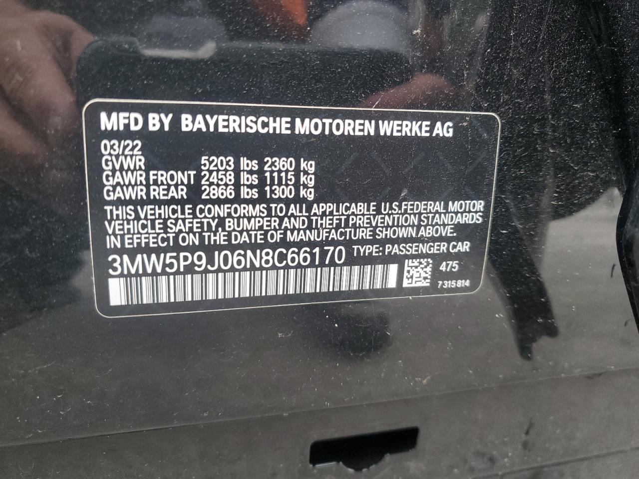 2022 BMW 330Xe VIN: 3MW5P9J06N8C66170 Lot: 62179365