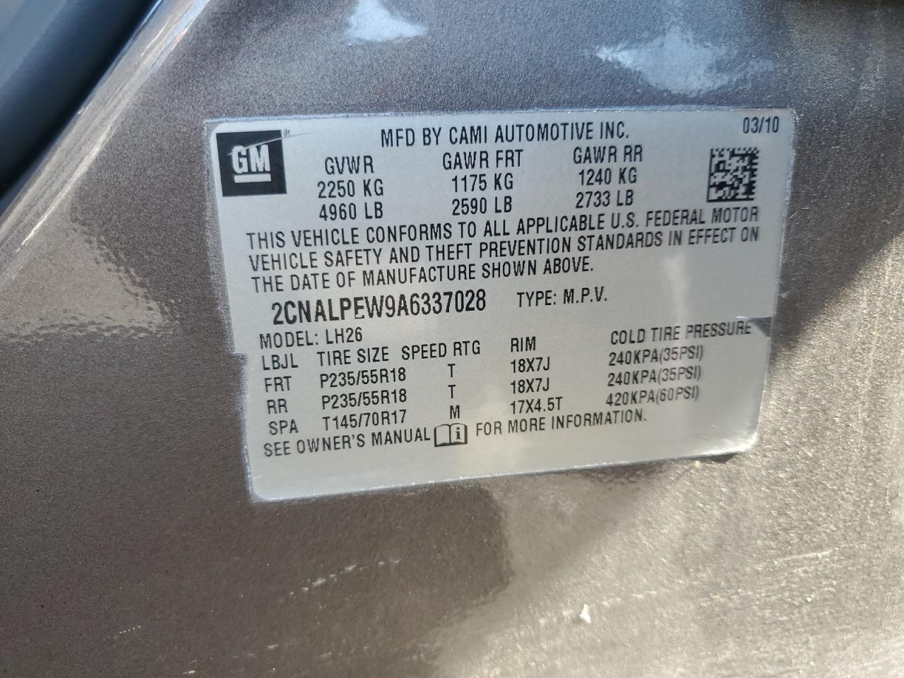 2010 Chevrolet Equinox Lt VIN: 2CNALPEW9A6337028 Lot: 62408025