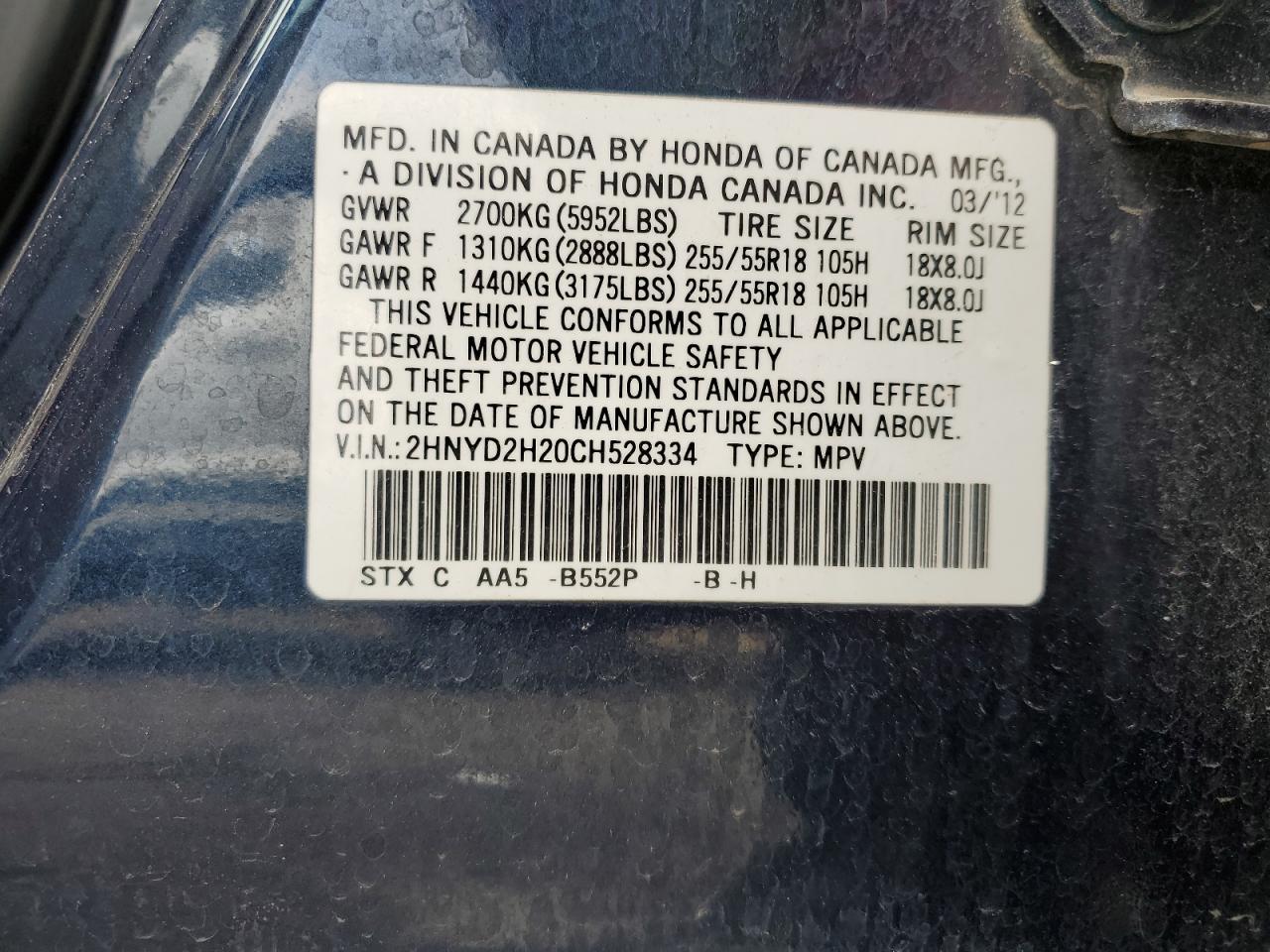 2012 Acura Mdx VIN: 2HNYD2H20CH528334 Lot: 62582225