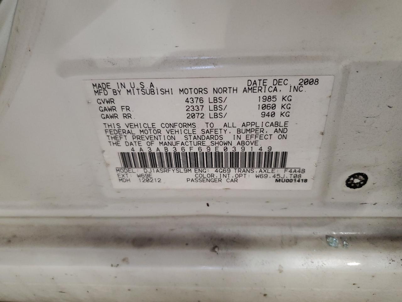 2009 Mitsubishi Galant Es VIN: 4A3AB36F69E039149 Lot: 59554815