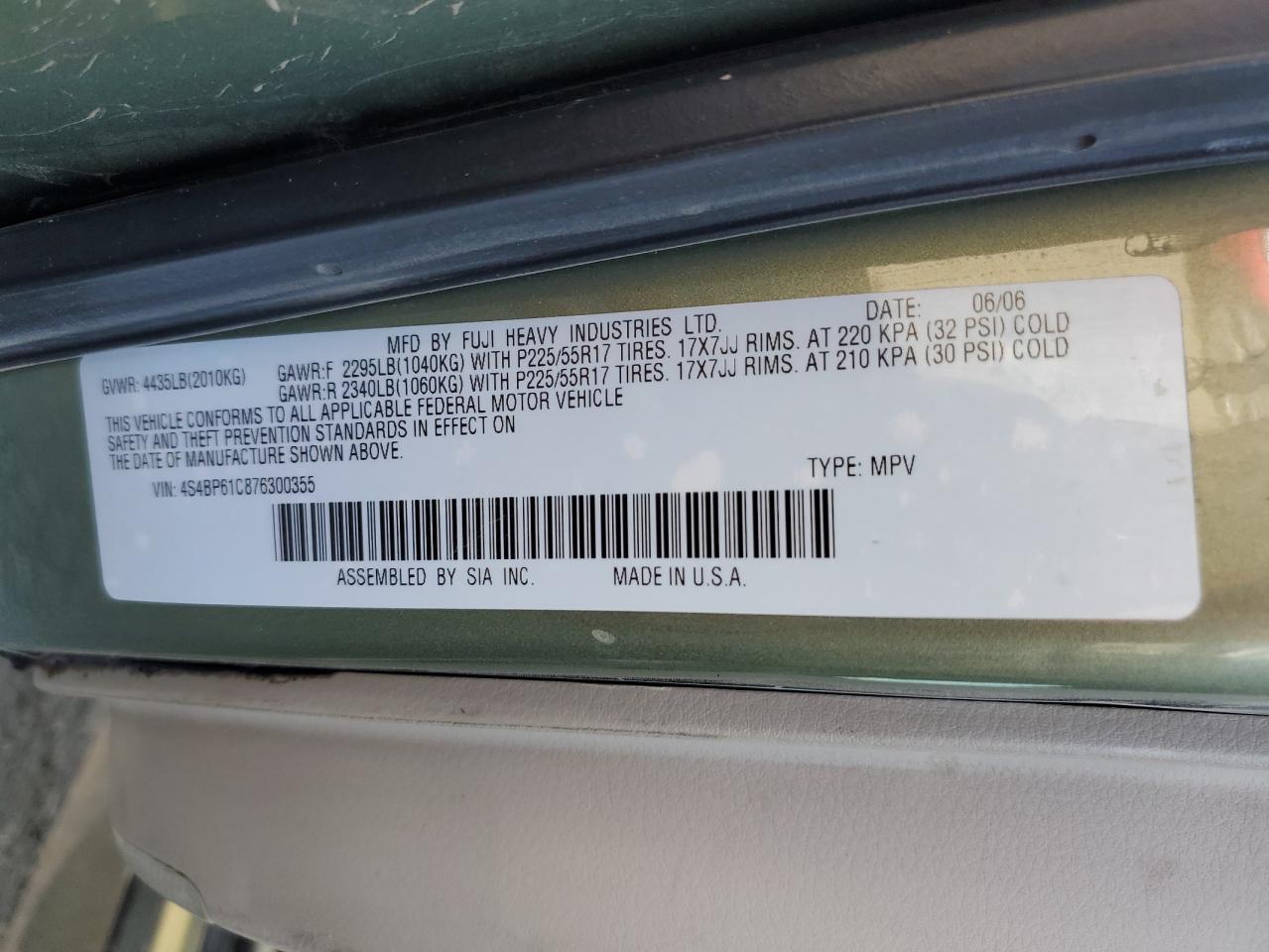 2007 Subaru Outback Outback 2.5I VIN: 4S4BP61C876300355 Lot: 59131495