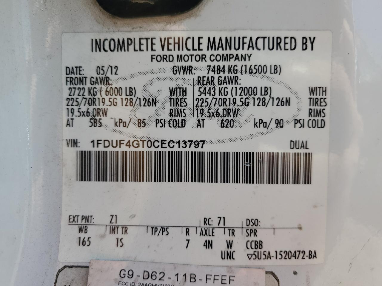 2012 Ford F450 Super Duty VIN: 1FDUF4GT0CEC13797 Lot: 46543025
