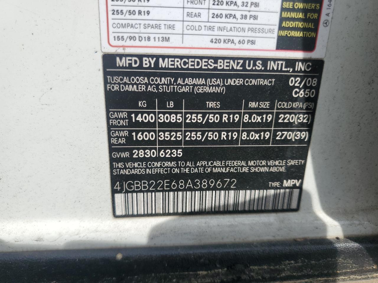 2008 Mercedes-Benz Ml 320 Cdi VIN: 4JGBB22E68A389672 Lot: 60494165