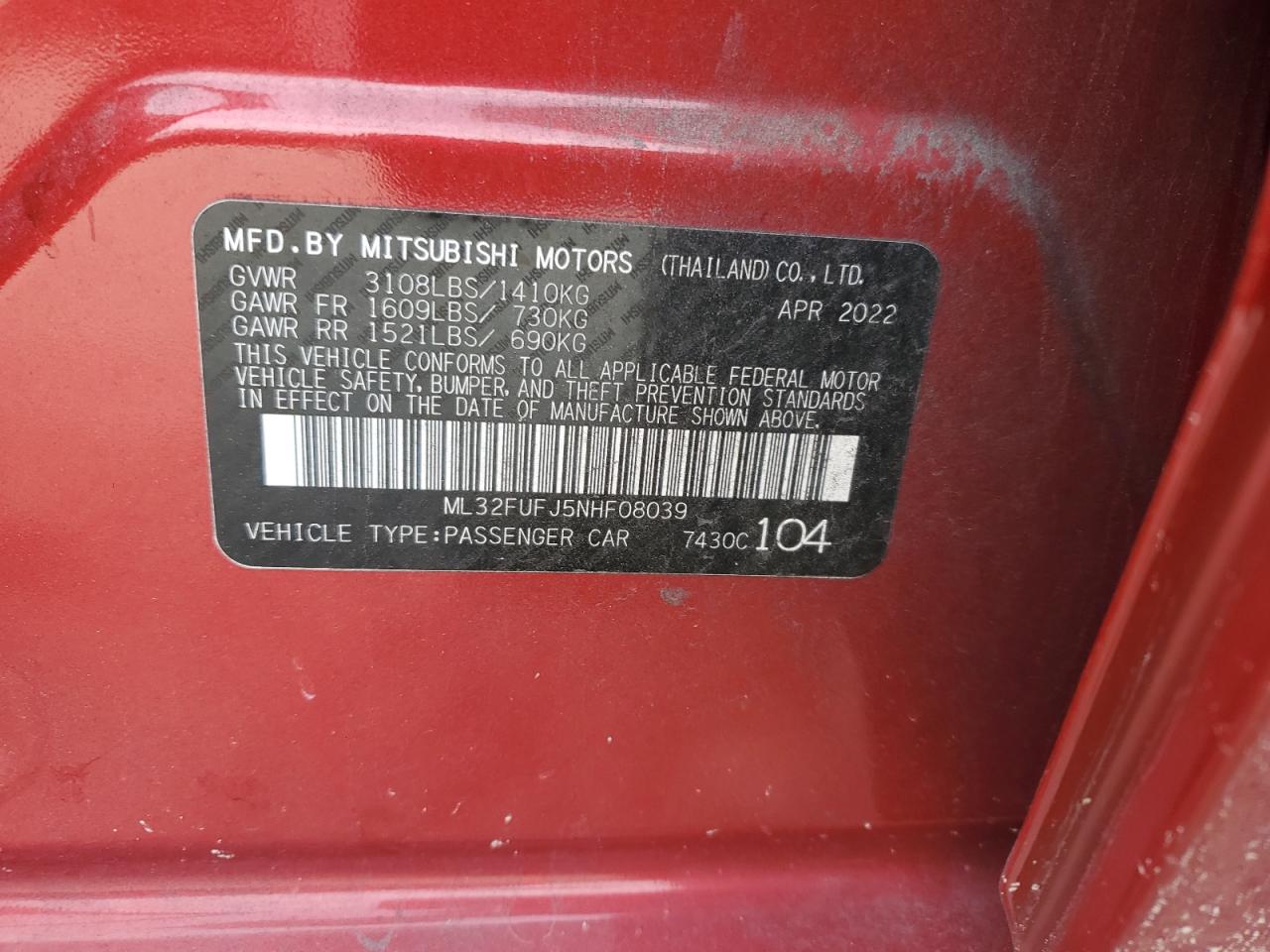 2022 Mitsubishi Mirage G4 Es VIN: ML32FUFJ5NHF08039 Lot: 62343205