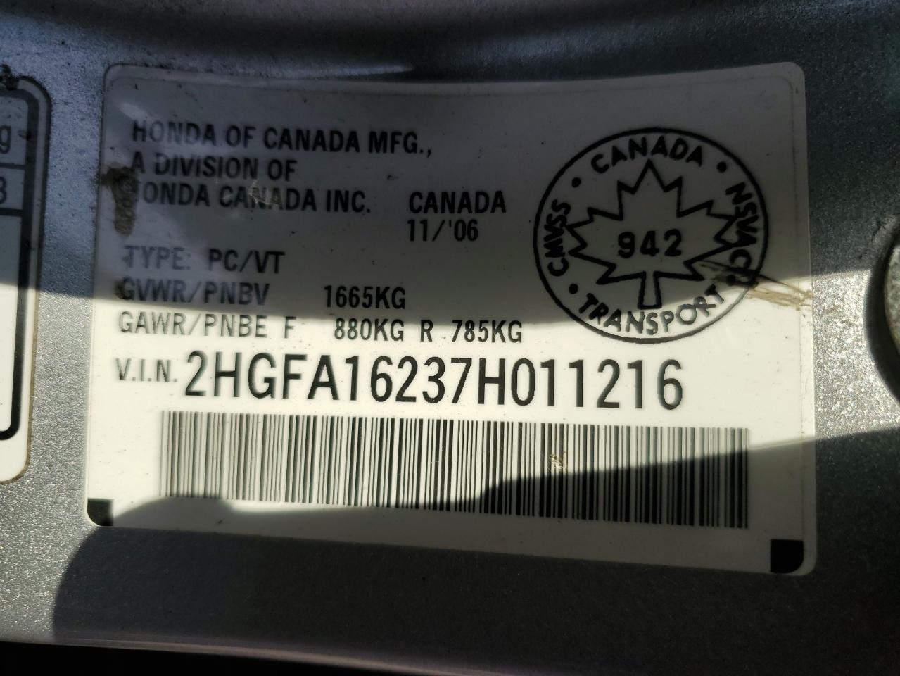 2007 Honda Civic Dx VIN: 2HGFA16237H011216 Lot: 60737565