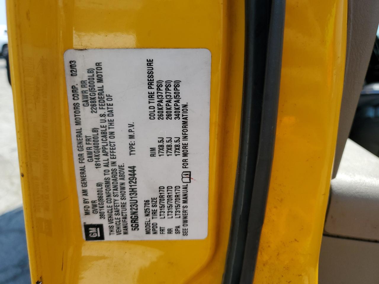 2003 Hummer H2 VIN: 5GRGN23U13H129444 Lot: 62484995