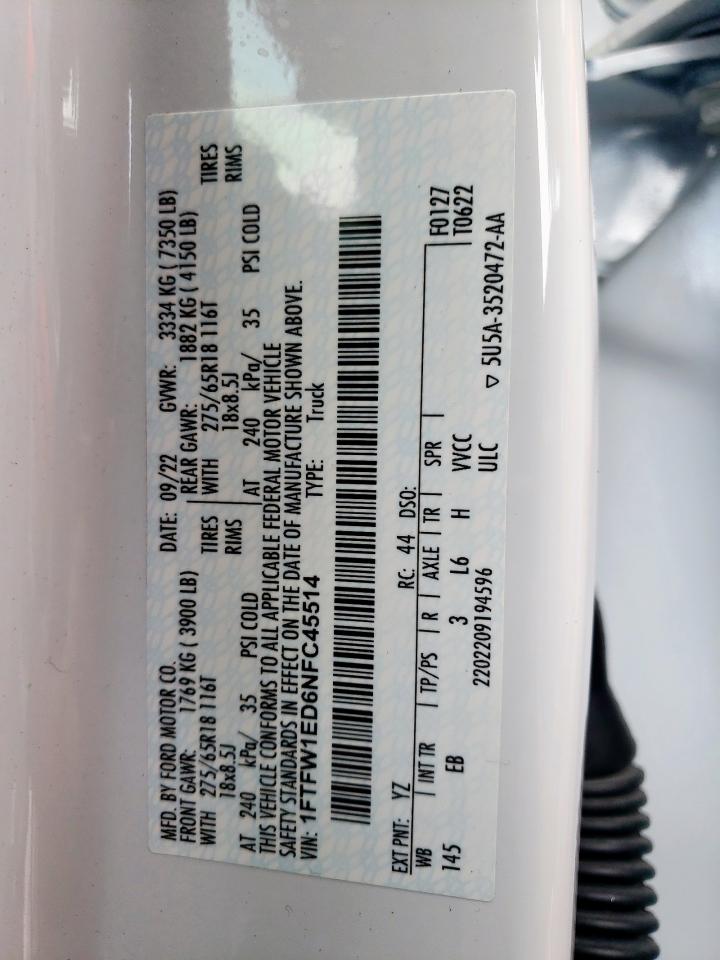 2022 Ford F150 Supercrew VIN: 1FTFW1ED6NFC45514 Lot: 60642275