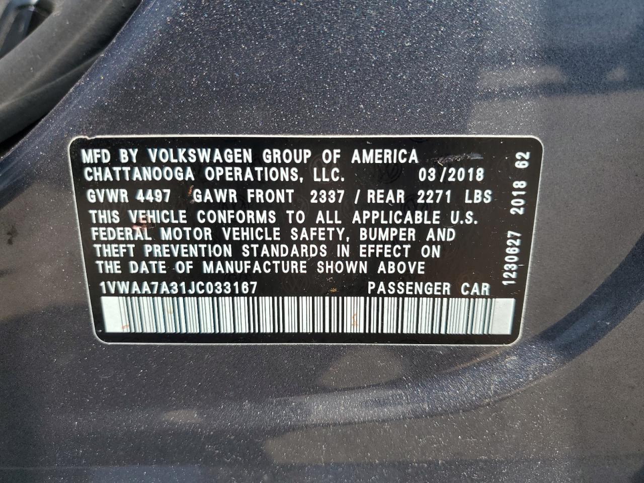 2018 Volkswagen Passat S VIN: 1VWAA7A31JC033167 Lot: 61458285