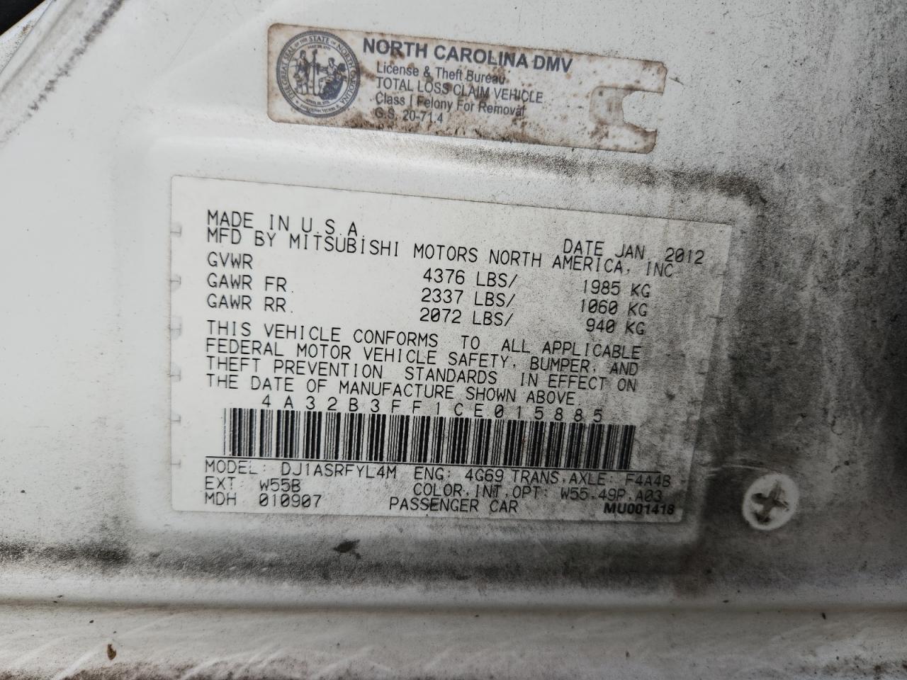 2012 Mitsubishi Galant Es VIN: 4A32B3FF1CE015885 Lot: 61007865