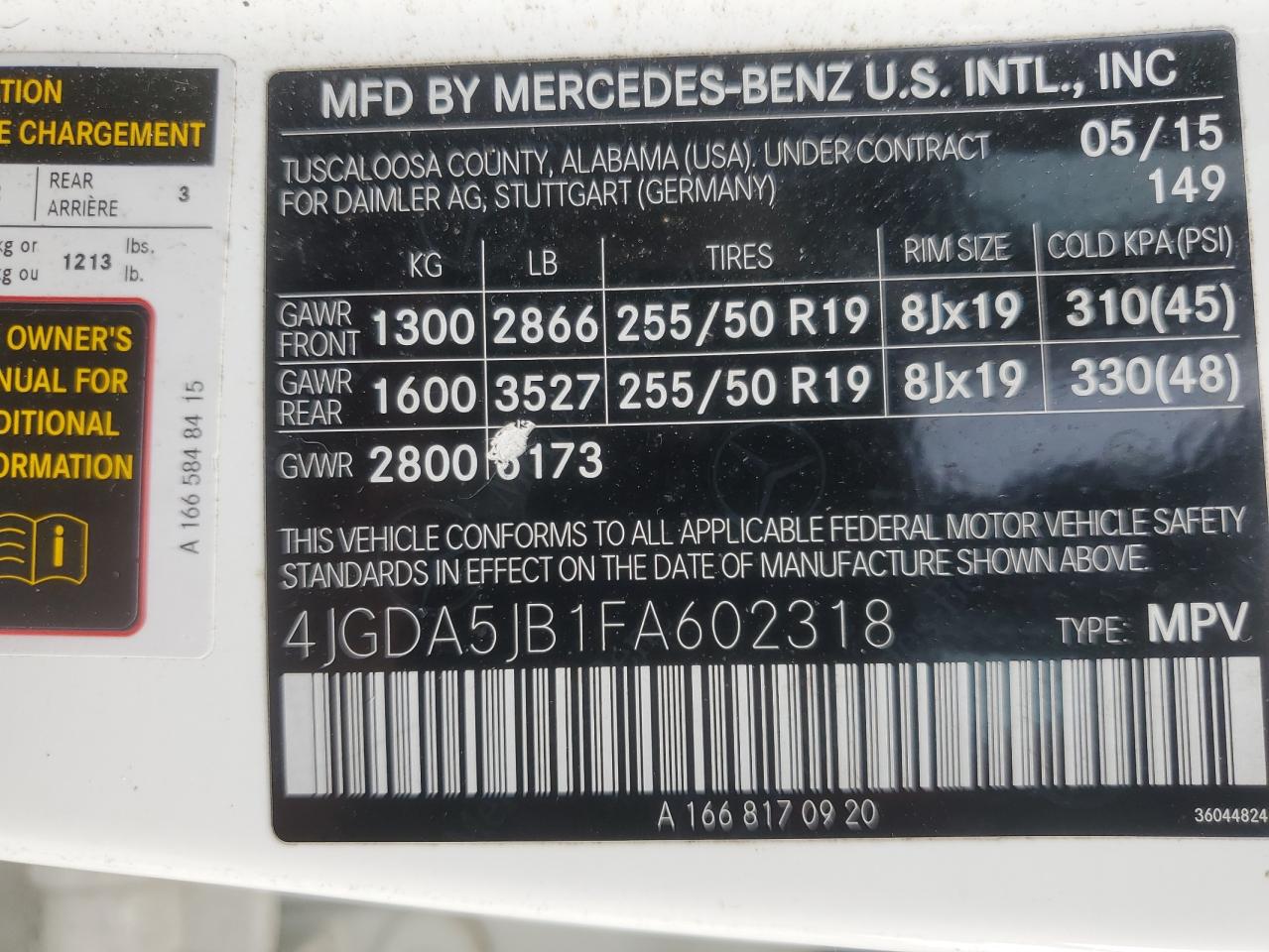 2015 Mercedes-Benz Ml 350 VIN: 4JGDA5JB1FA602318 Lot: 60743715