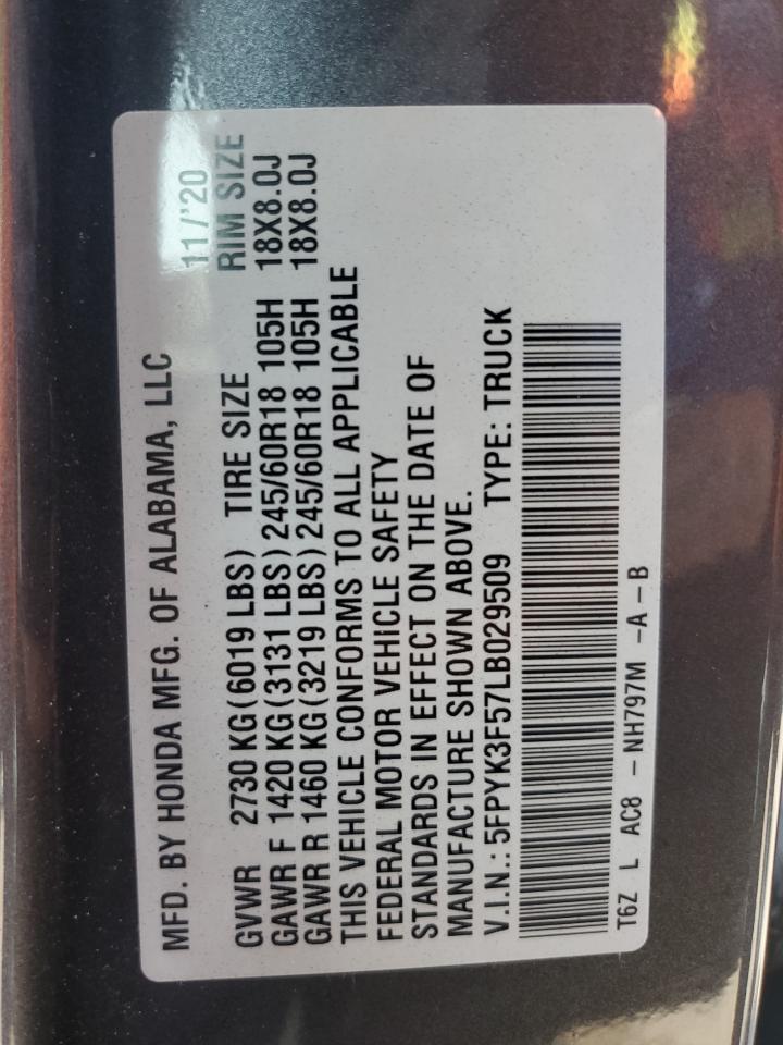 2020 Honda Ridgeline Rtl VIN: 5FPYK3F57LB029509 Lot: 61782295
