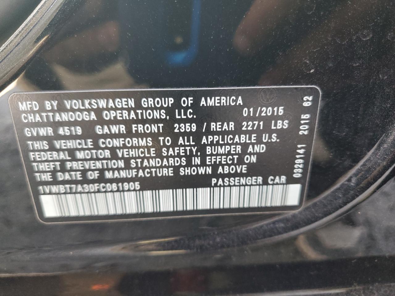 2015 Volkswagen Passat Se VIN: 1VWBT7A30FC061905 Lot: 62072755