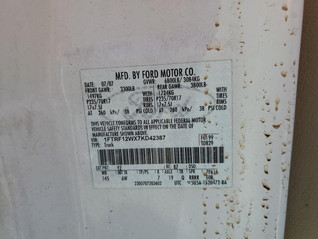 2007 Ford F150 VIN: 1FTRF12WX7KD42387 Lot: 60139265
