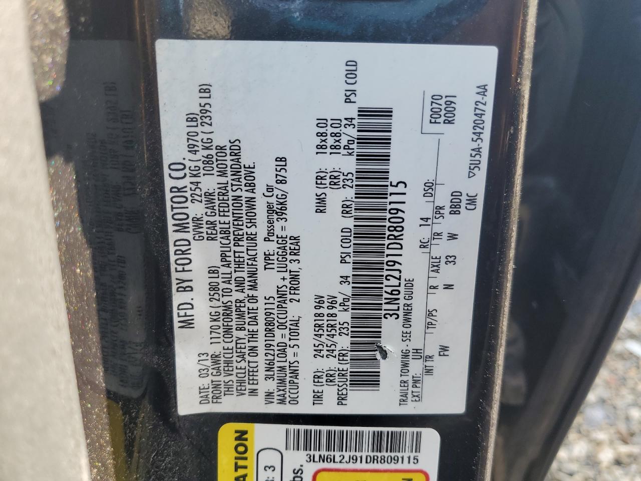 2013 Lincoln Mkz VIN: 3LN6L2J91DR809115 Lot: 61927155