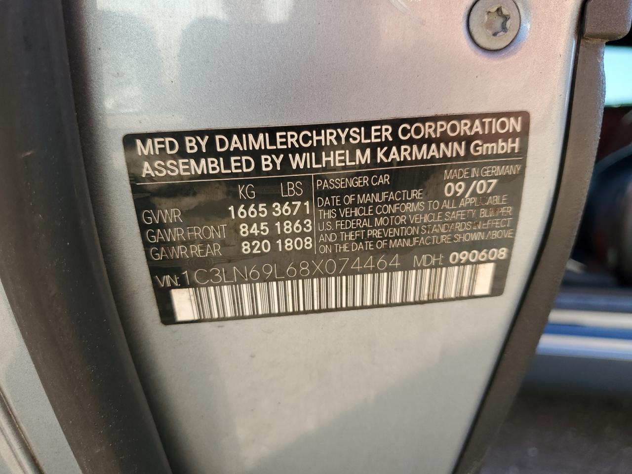 2008 Chrysler Crossfire Limited VIN: 1C3LN69L68X074464 Lot: 61564025