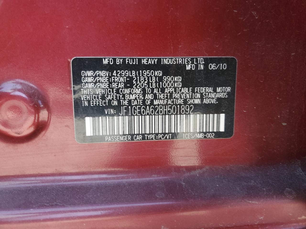 2011 Subaru Impreza 2.5I VIN: JF1GE6A62BH501892 Lot: 63079365