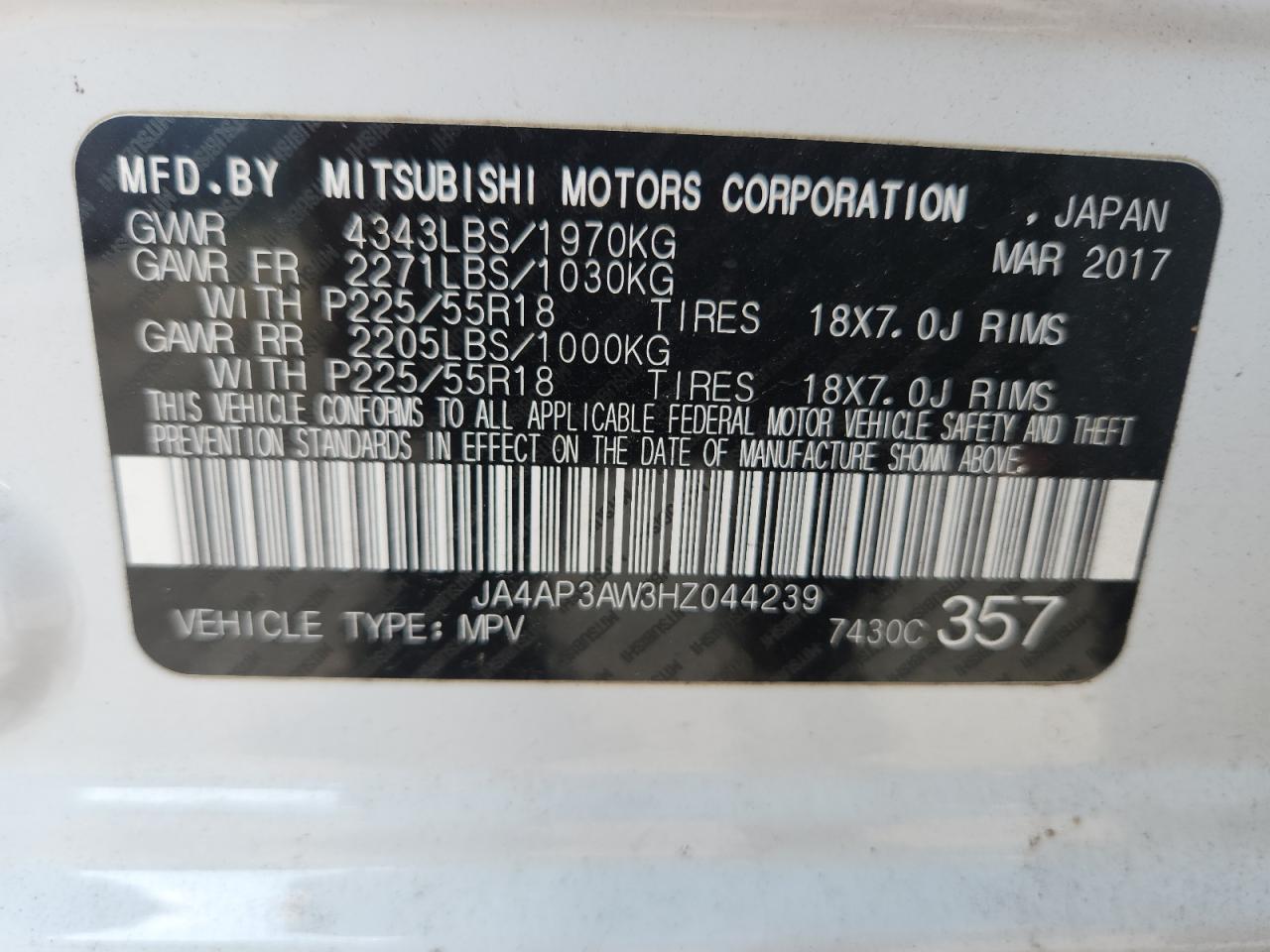 2017 Mitsubishi Outlander Sport Es VIN: JA4AP3AW3HZ044239 Lot: 59534285