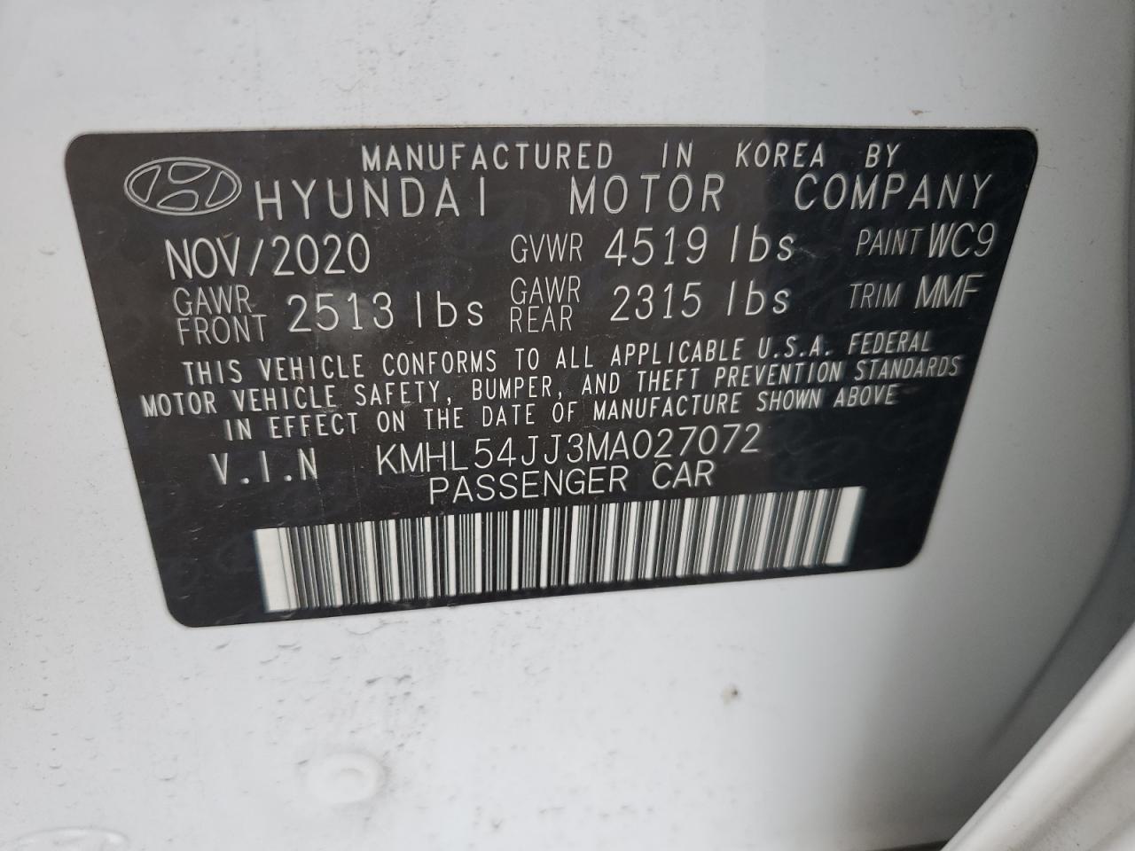 2021 Hyundai Sonata Hybrid VIN: KMHL54JJ3MA027072 Lot: 62923255