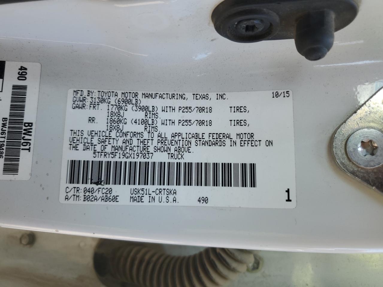 TOYOTA TUNDRA 2016 VIN 5TFRY5F19GX197037 zdjęcie 12