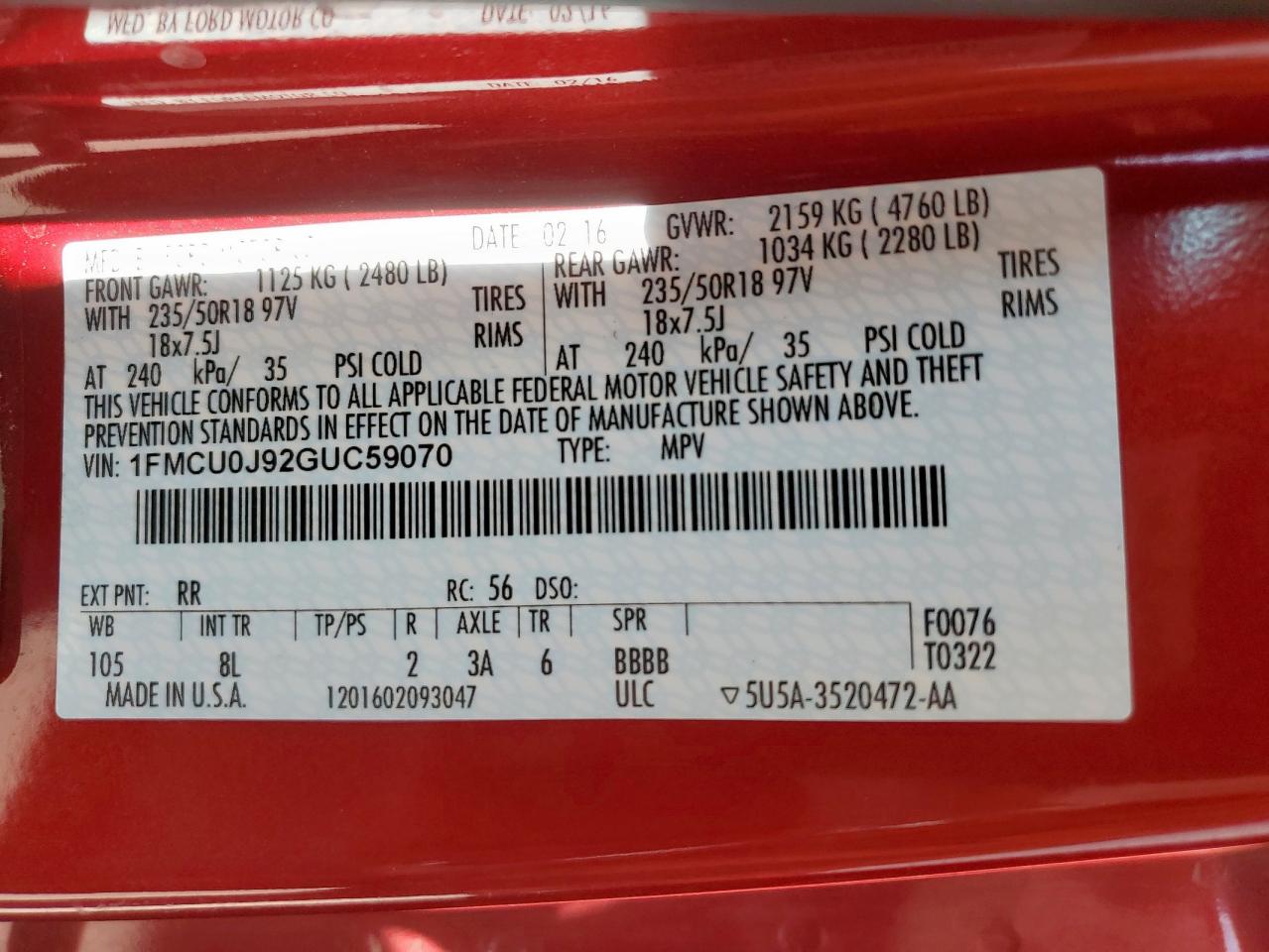 2016 Ford Escape Titanium VIN: 1FMCU0J92GUC59070 Lot: 62758105