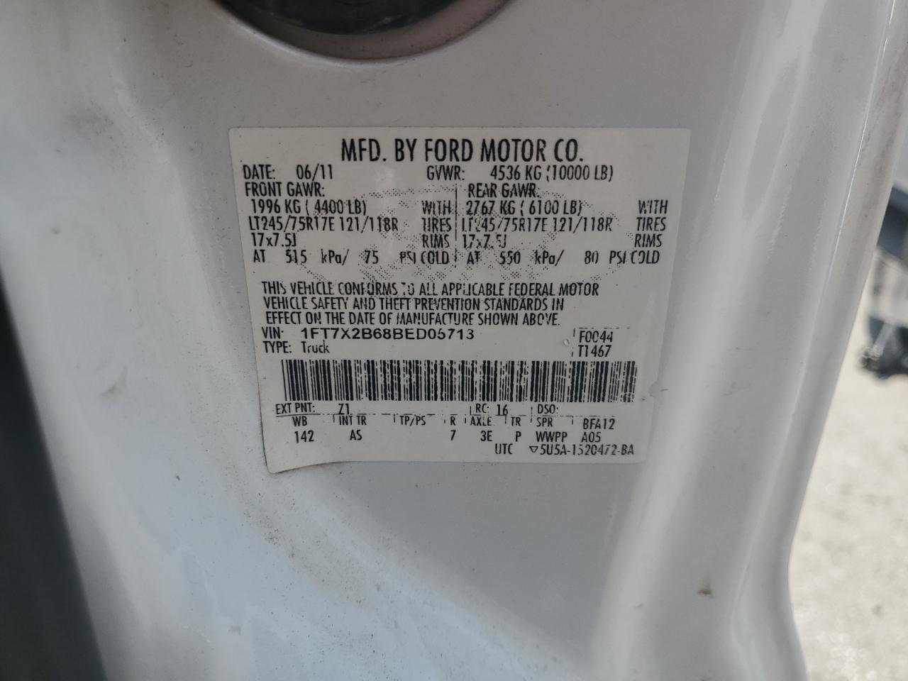 2011 Ford F250 Super Duty VIN: 1FT7X2B68BED05713 Lot: 59105415