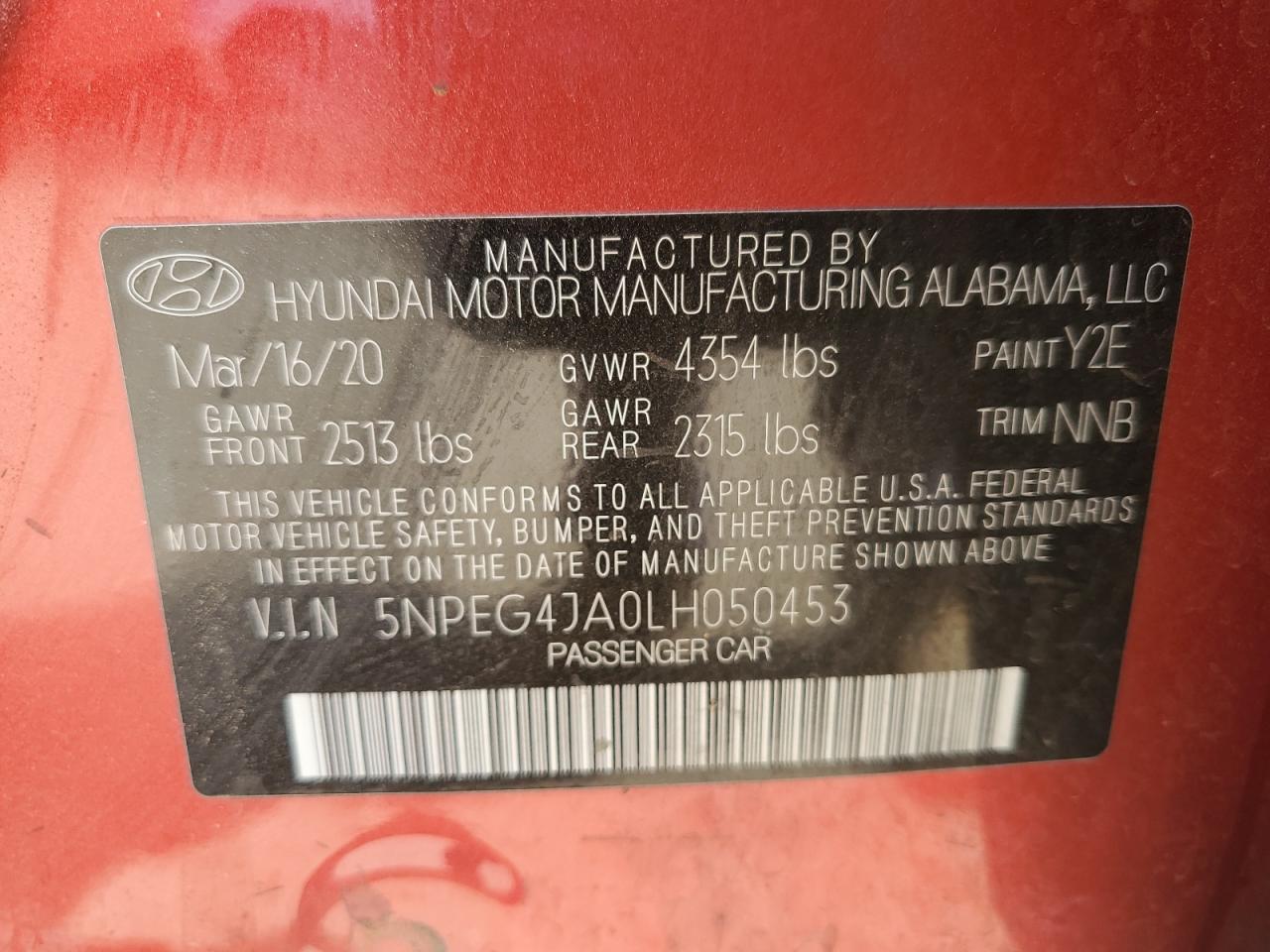 2020 Hyundai Sonata Se VIN: 5NPEG4JA0LH050453 Lot: 59633735