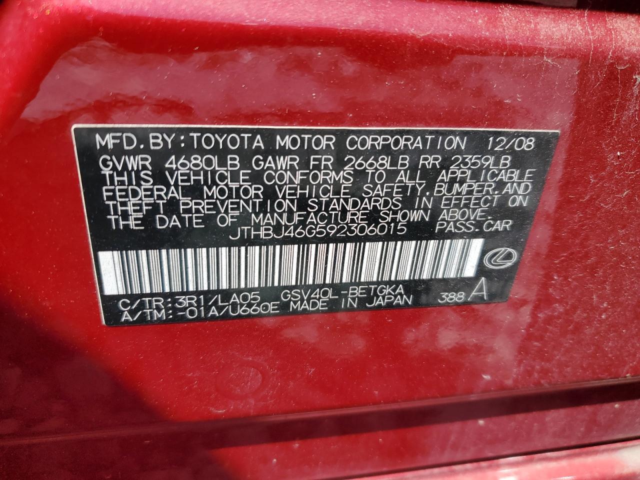 2009 Lexus Es 350 VIN: JTHBJ46G592306015 Lot: 61982645