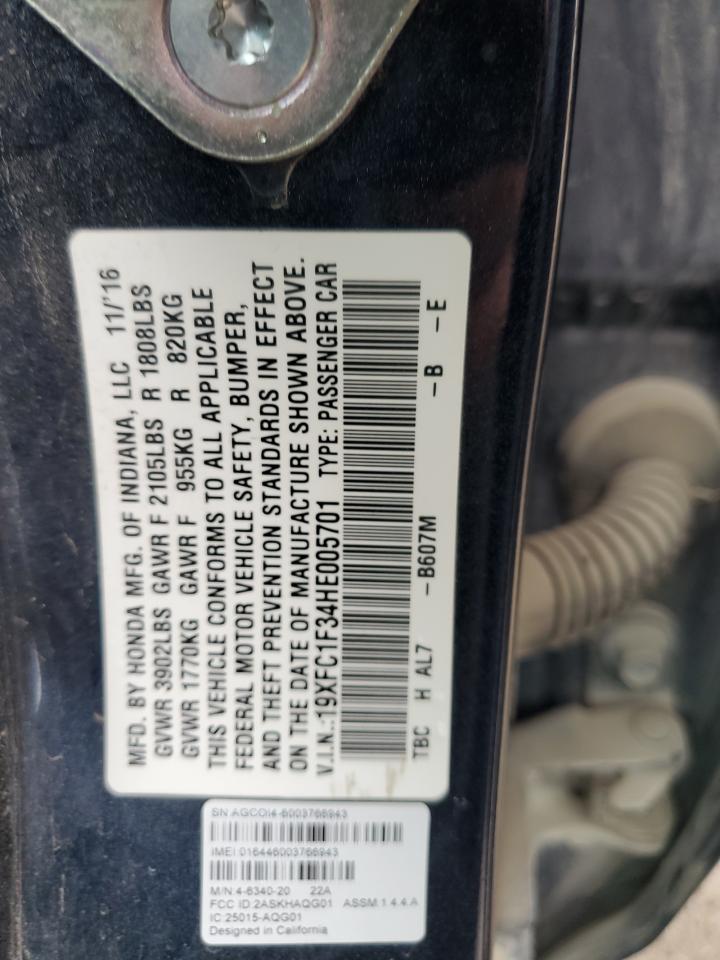 2017 Honda Civic Ex VIN: 19XFC1F34HE005701 Lot: 60990475