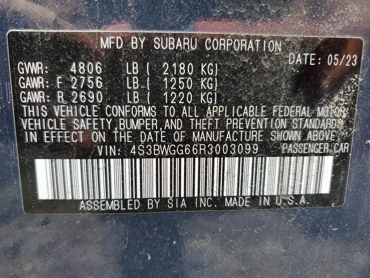 2024 Subaru Legacy Sport VIN: 4S3BWGG66R3003099 Lot: 62705465