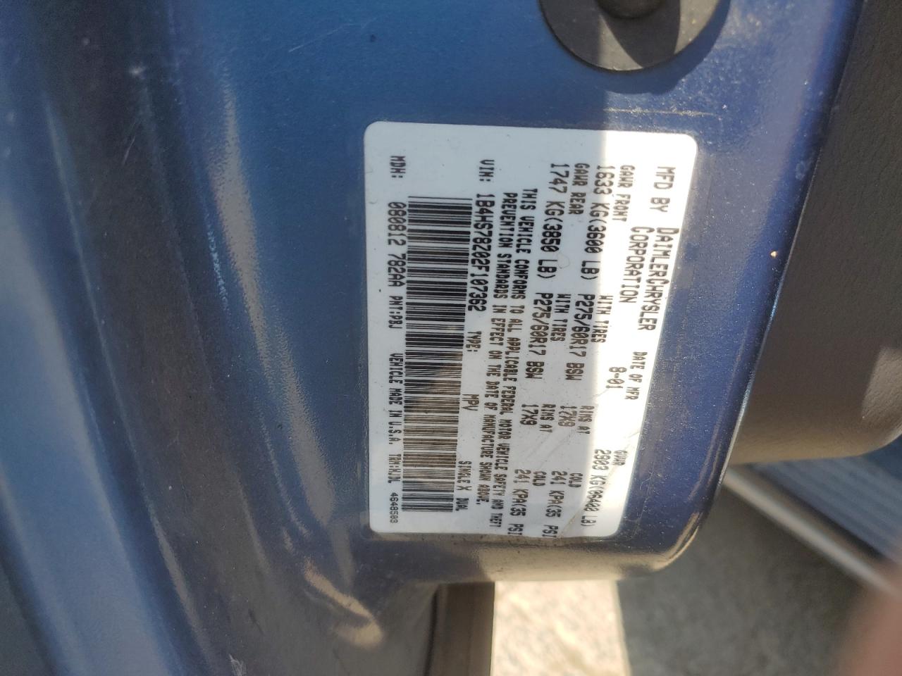 2002 Dodge Durango R/T VIN: 1B4HS78Z02F107362 Lot: 61957555