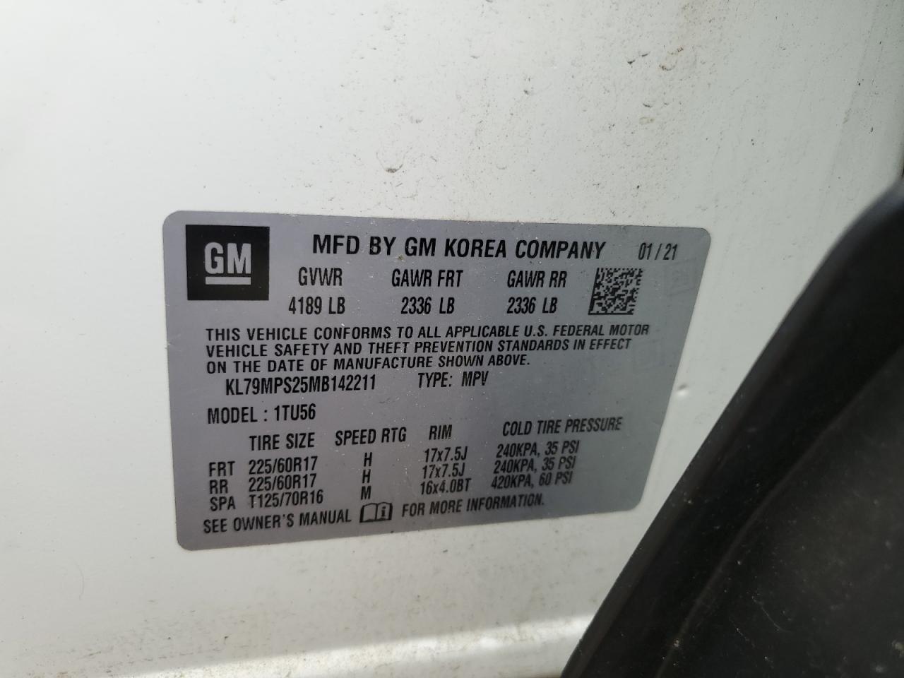 2021 Chevrolet Trailblazer Lt VIN: KL79MPS25MB142211 Lot: 59774165