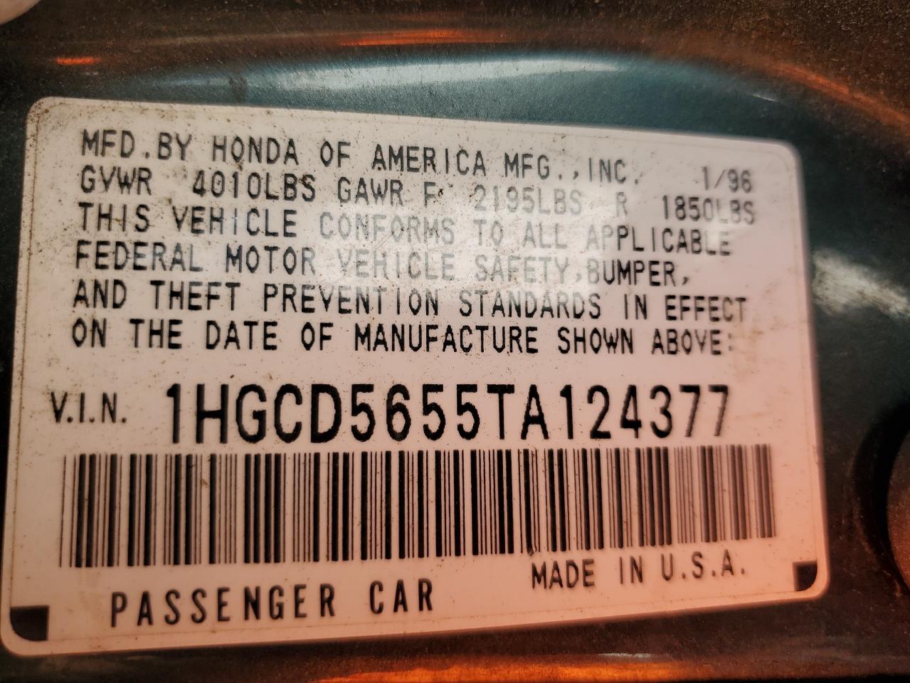 1996 Honda Accord Ex VIN: 1HGCD5655TA124377 Lot: 59898775