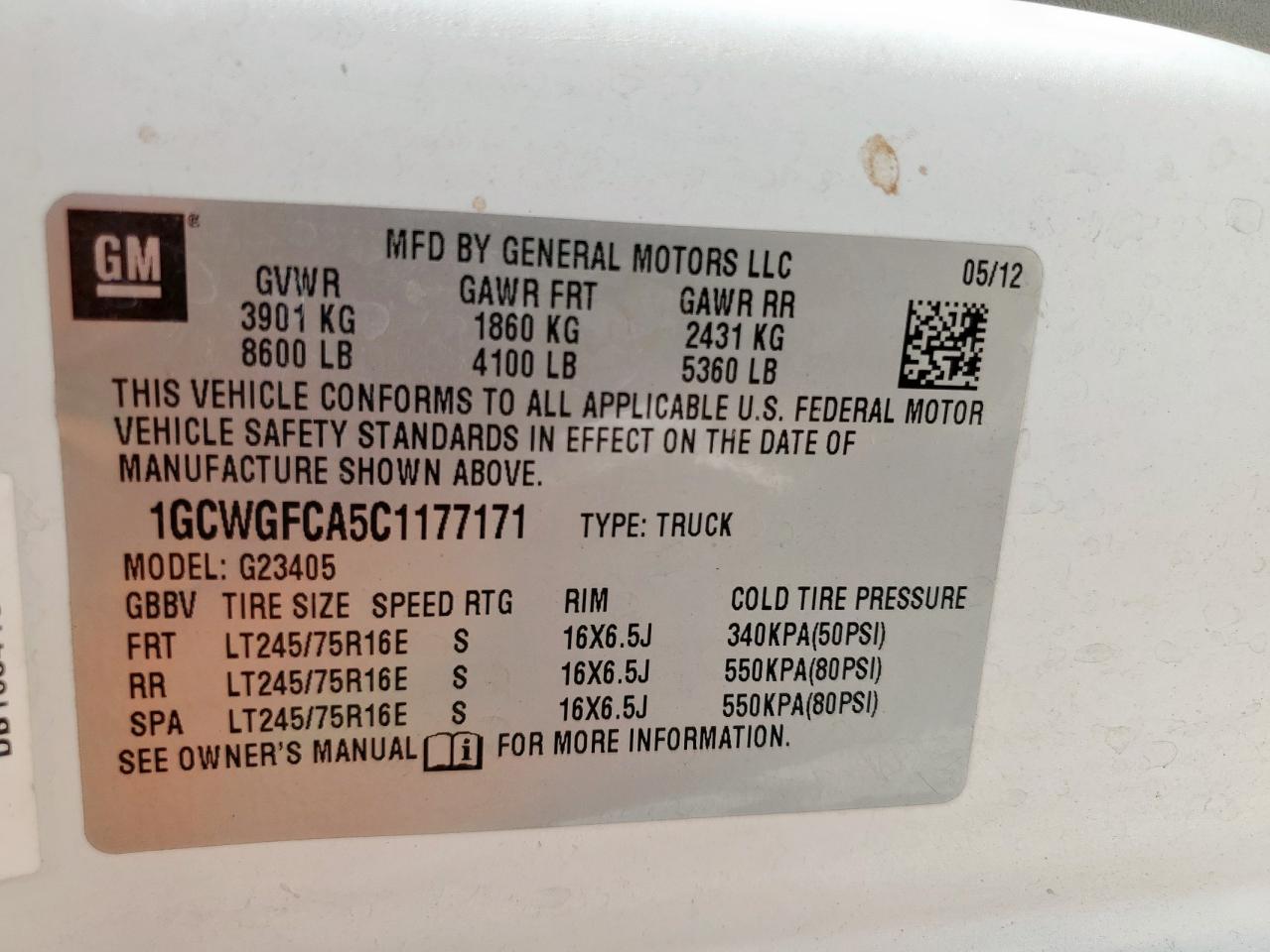 2012 Chevrolet Express G2500 VIN: 1GCWGFCA5C1177171 Lot: 62828235