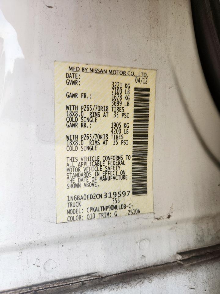2012 Nissan Titan S VIN: 1N6BA0ED2CN319597 Lot: 62016445