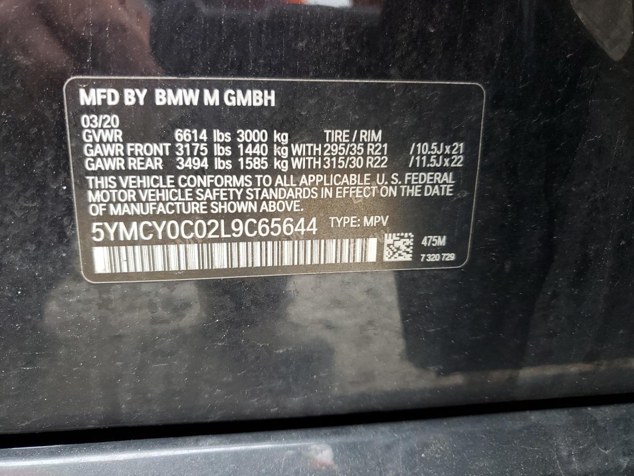 2020 BMW X6 M VIN: 5YMCY0C02L9C65644 Lot: 59570055