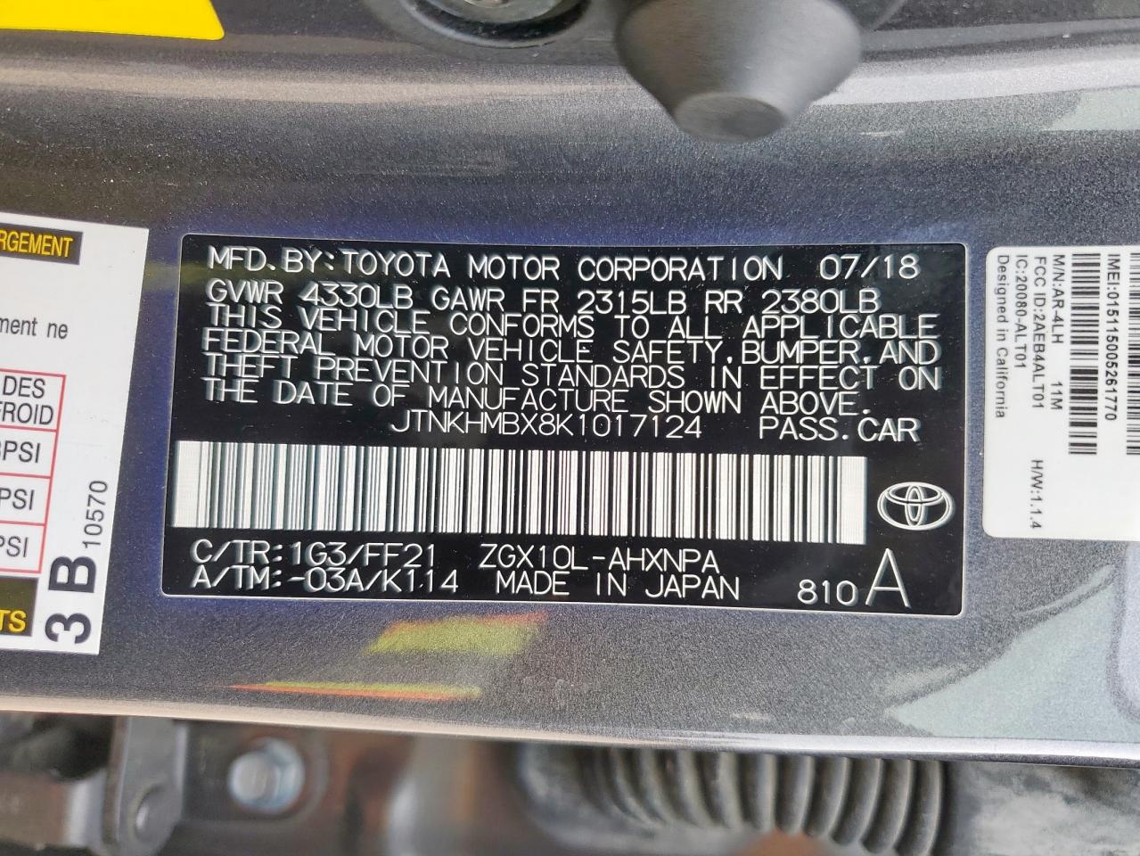2019 Toyota C-Hr Xle VIN: JTNKHMBX8K1017124 Lot: 59603105