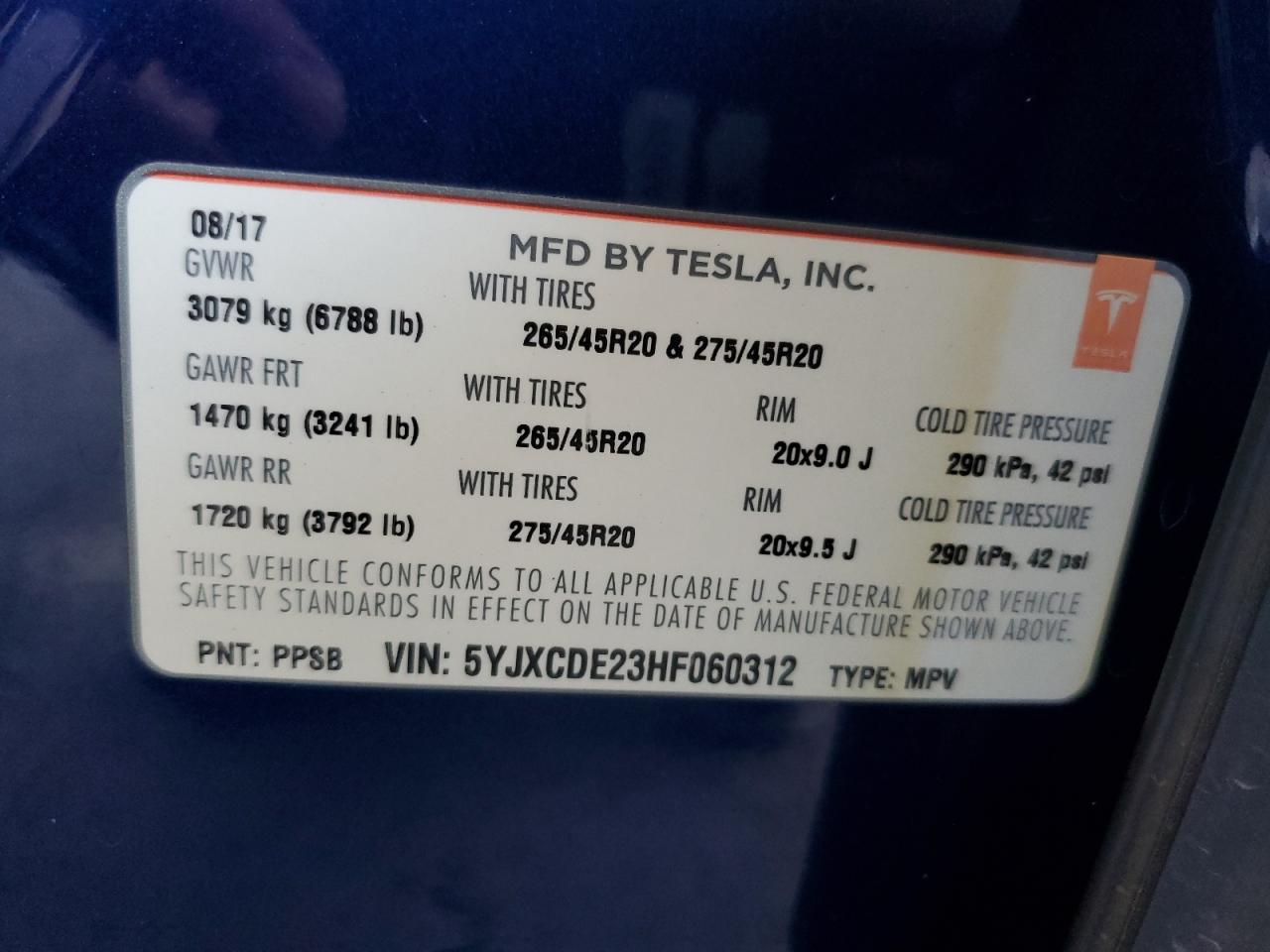 2017 Tesla Model X VIN: 5YJXCDE23HF060312 Lot: 59724205