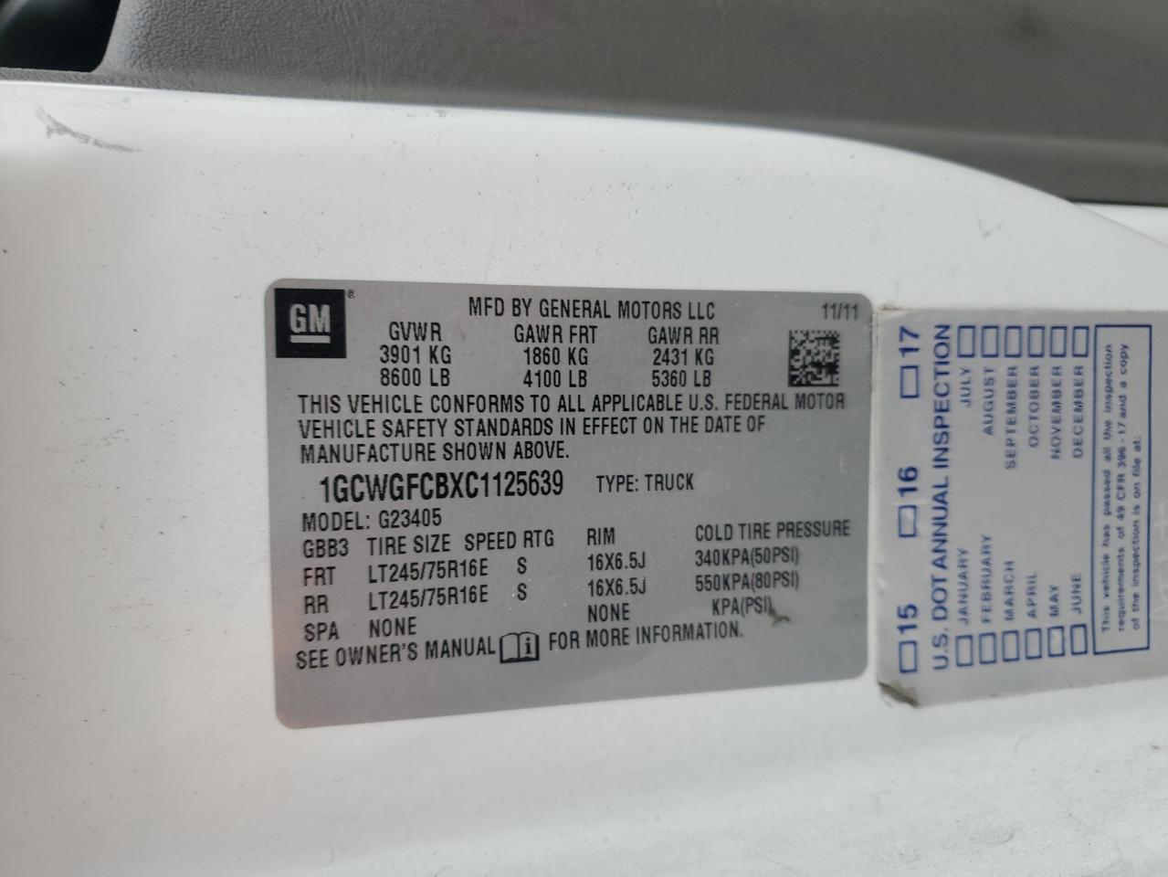 2012 Chevrolet Express G2500 VIN: 1GCWGFCBXC1125639 Lot: 54086965