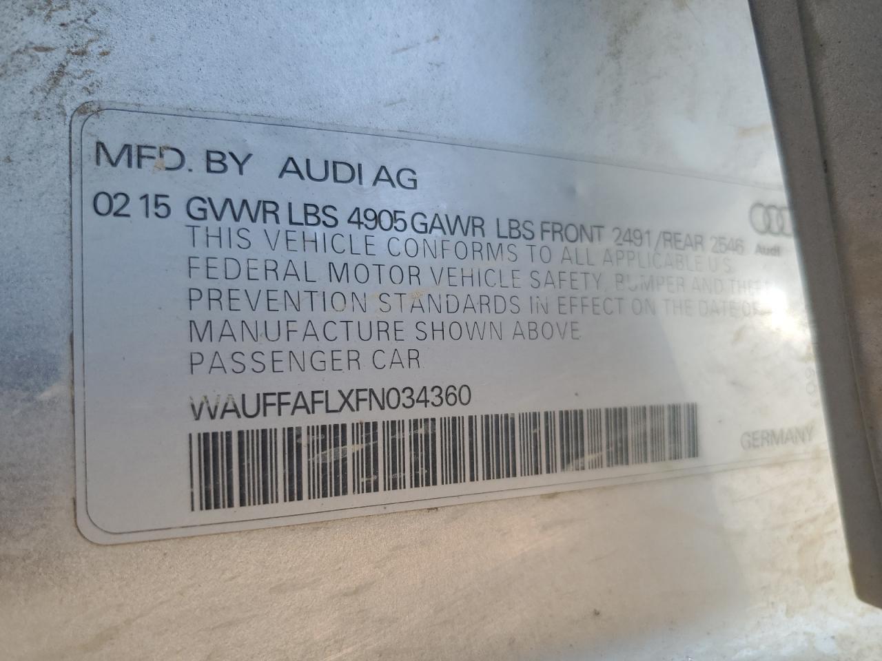 2015 Audi A4 Premium Plus VIN: WAUFFAFLXFN034360 Lot: 62495215