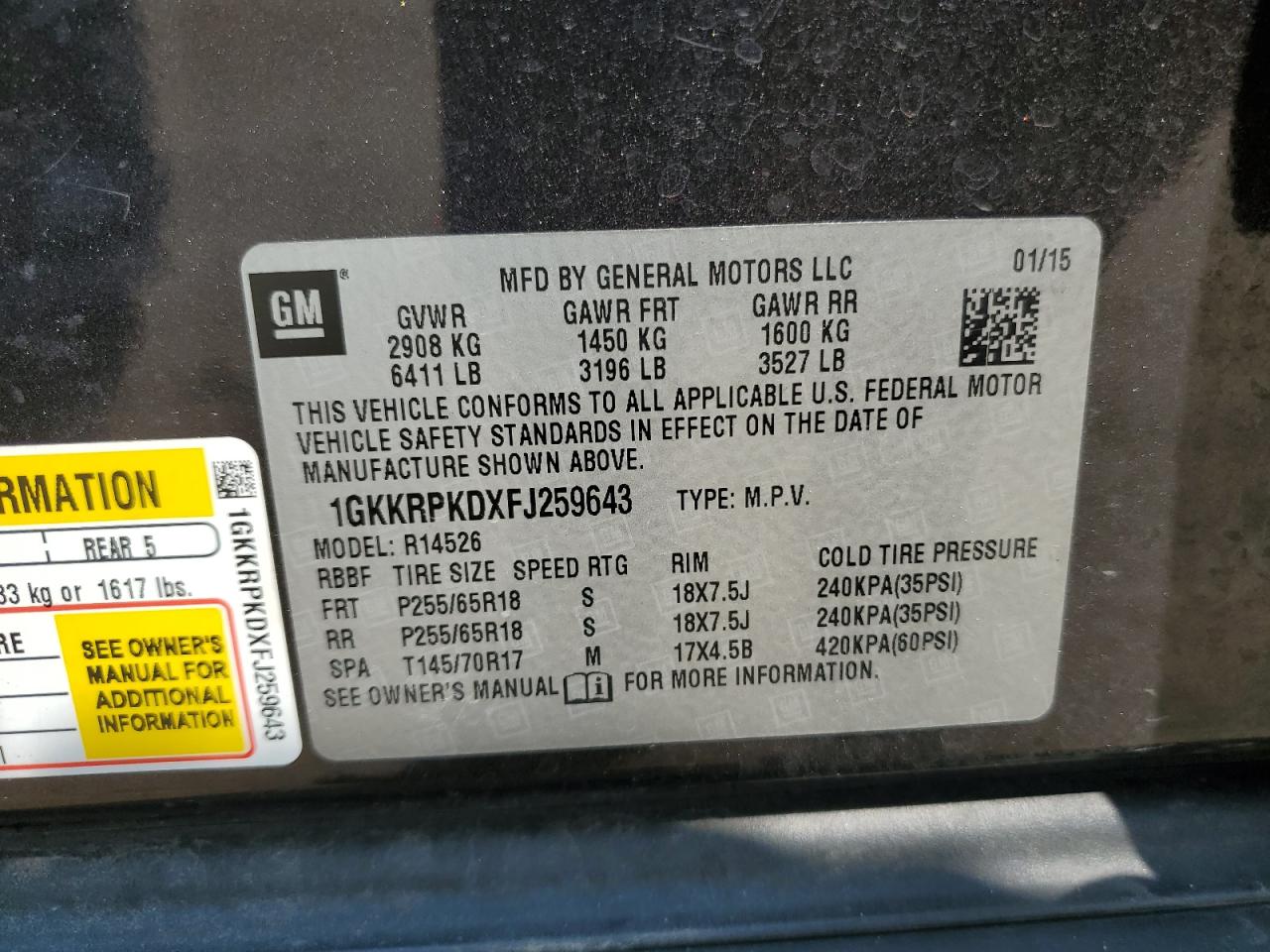 2015 GMC Acadia Sle VIN: 1GKKRPKDXFJ259643 Lot: 59767365